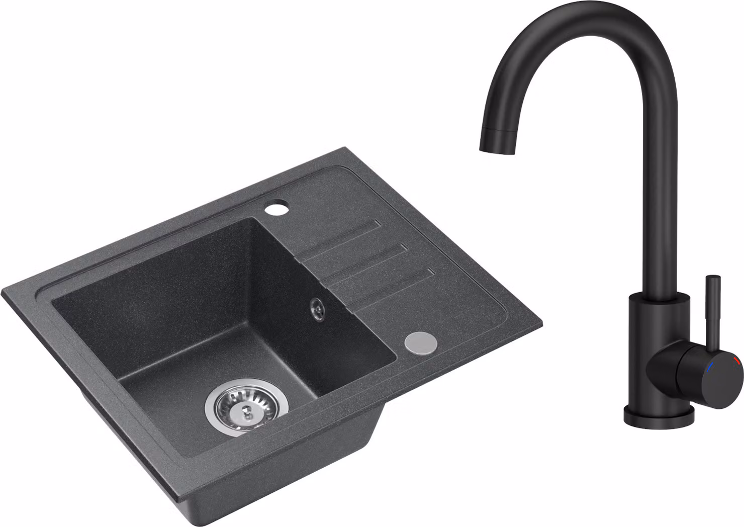 VBChome Lavello in granito nero con rubinetteria 55 x 44 cm Lavello da incasso a vasca singola Macchiettato Reversibile Lavello in granito Sifone Rubinetteria per lavabo