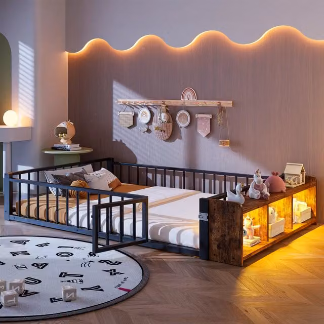 Letto in metallo con cassetti LED 140x200 MDF nero e metallo