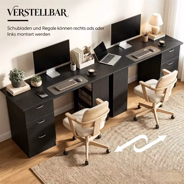 Scrivania OKWISH moderna in MDF nero con 3 cassetti e 3 ripiani reversibili, L/P/H: 120 x 49 x 72 cm