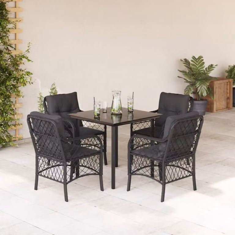 Set da Pranzo da Giardino vidaXL 5 pz in Polyrattan Nero con Piano in Vetro