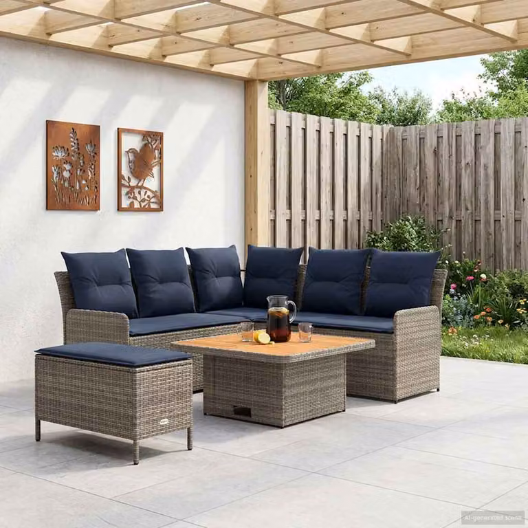 Set di mobili da giardino vidaXL in rattan e legno di acacia con 5 pezzi, colore grigio e blu navy, con cuscini inclusi