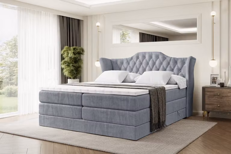 Letto boxspring ALTDECOR con 2 materassi e topper - 140x200 cm - VILA KING - Velluto grigio - Letto imbottito con materassi H3 e H4, contenitore e rete a doghe, letto con spazio contenitivo
