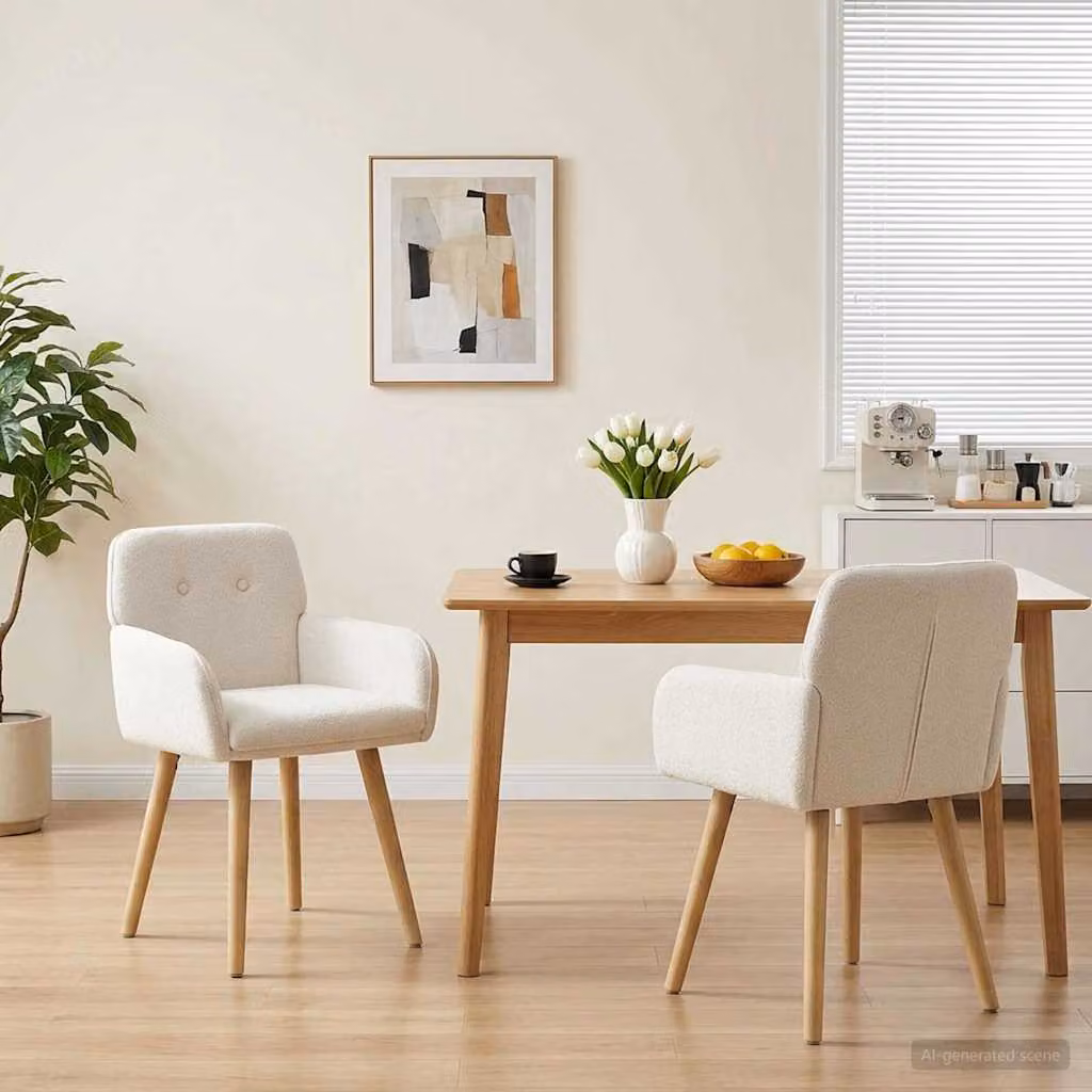 Set di 2 sedie da pranzo moderne vidaXL in tessuto bouclé beige con struttura in legno e metallo L/P/H: 59 x 56,5 x 85 cm