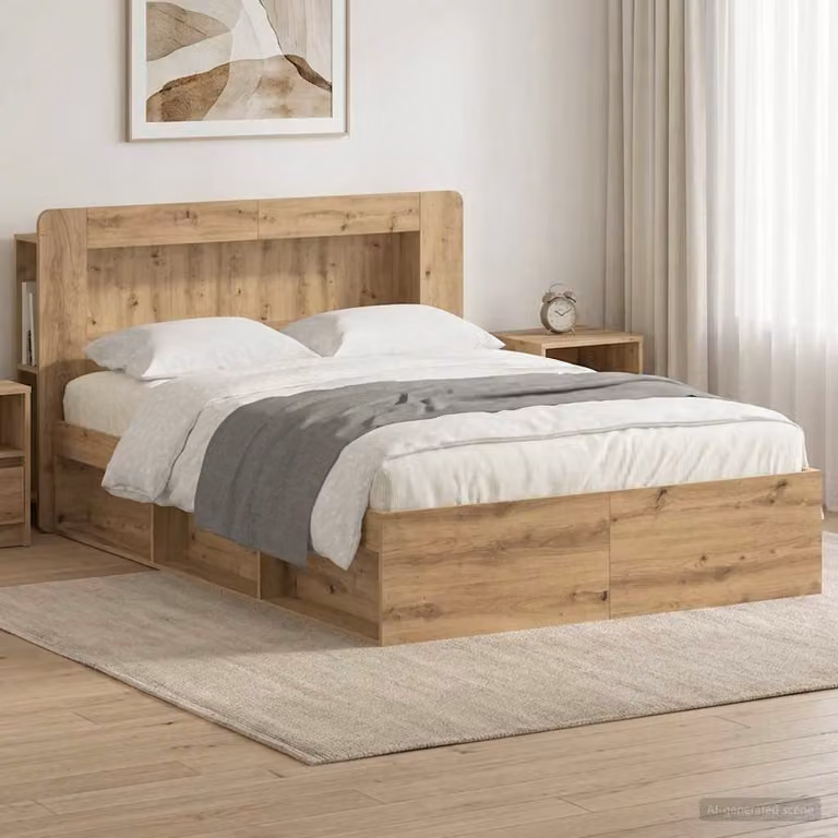 vidaXL Telaio letto con contenitore e cassetti in legno Rovere Artigianale, Marrone, L/P/H: 190 x 140 x 153,5 cm