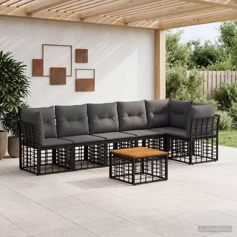 Set Divano da Giardino vidaXL 7 Pezzi a Forma di L con Tavolino, Polyrattan e Struttura in Acciaio, Colore Nero e Grigio