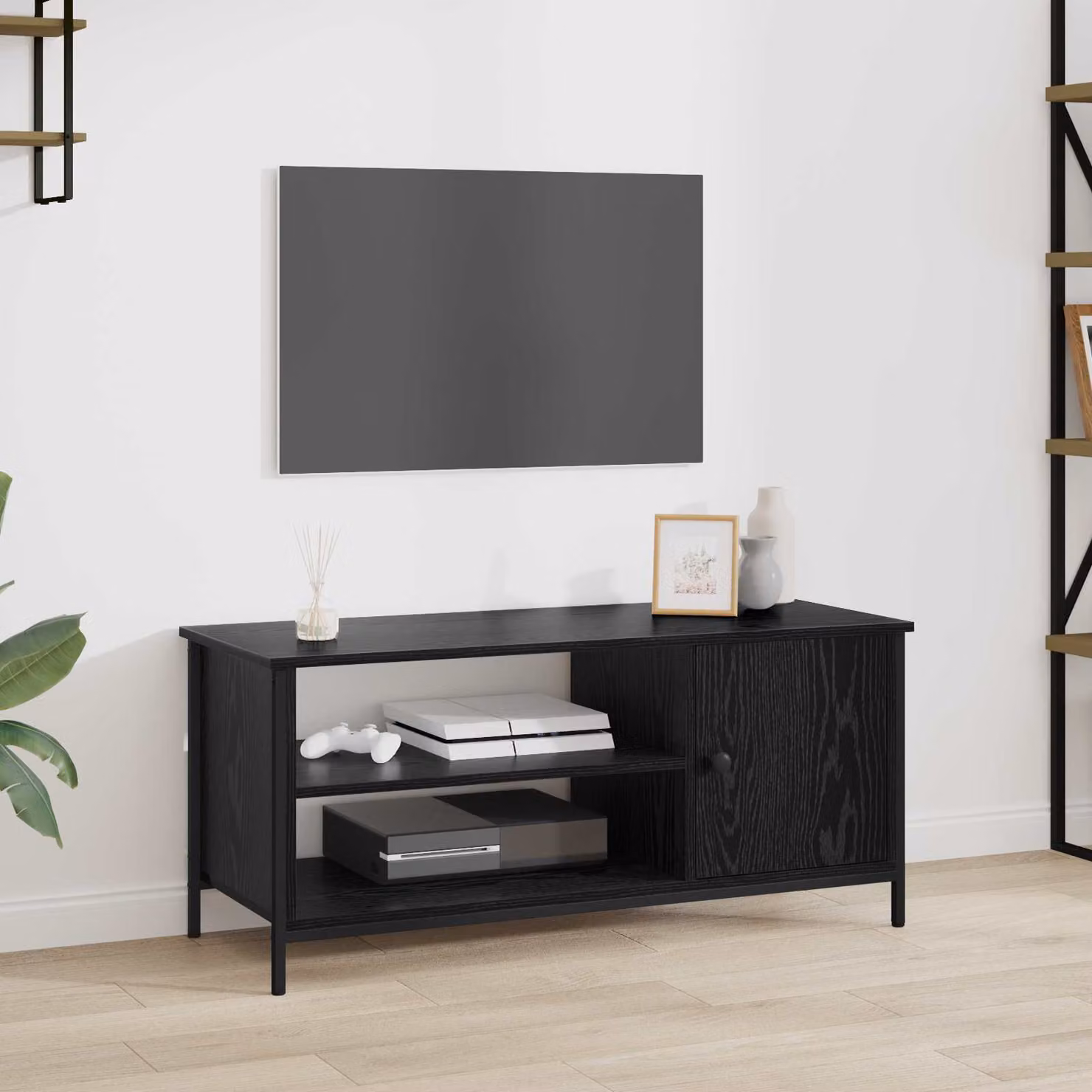 Mobile TV vidaXL moderno in legno e metallo, Rovere e Nero, L/P/H: 100 x 40 x 45 cm