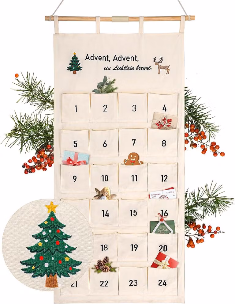 Calendario dell'Avvento in tessuto, modello 2026, con fili ricamati e versi natalizi (color beige)