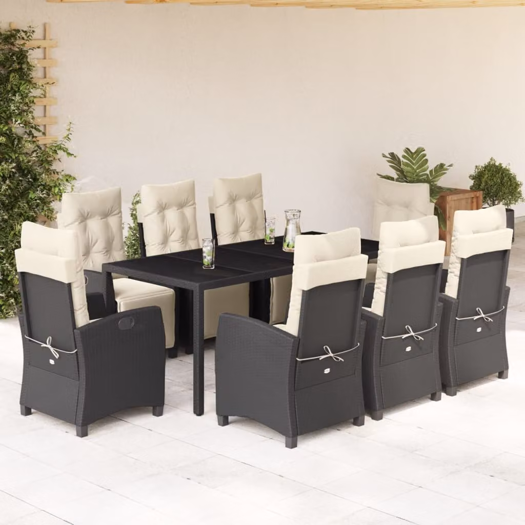 Set da Pranzo da Giardino vidaXL in Polyrattan Nero con Cuscini e Tavolo in Vetro, 9 Pezzi – 1
