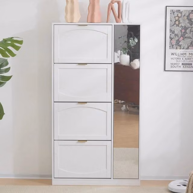 Scarpiera moderna Mivray bianca con ante a specchio, ripiani interni e cassetti estraibili, L: 147 cm, H: 80 cm, P: 24 cm