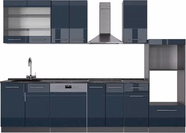 Mobili da cucina Vicco Fame-Line Blu scuro lucido e Antracite con armadio alto, L: 300 cm