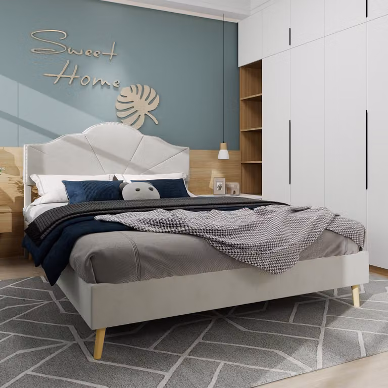 Sweiko Letto moderno minimalista morbido, testata confortevole e morbida, 160x200CM, beige, mobili multifunzionali per la camera da letto, struttura letto basso a cassettoni non include asta a gas, non include materasso.
