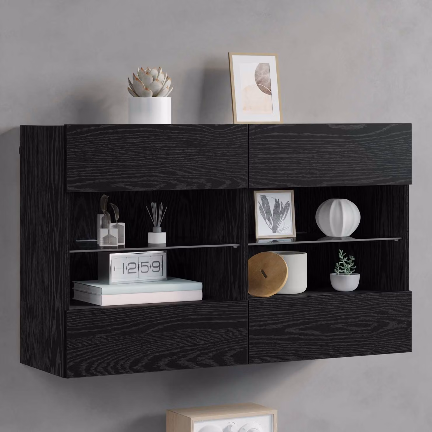 Mobile TV da parete vidaXL con illuminazione integrata, Rovere Nero e Nero, L 98,5 x P 30 x H 60,5 cm