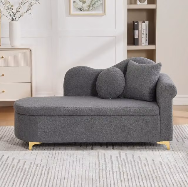Chaise longue con vano contenitore 134 cm in tessuto effetto montone grigio antico