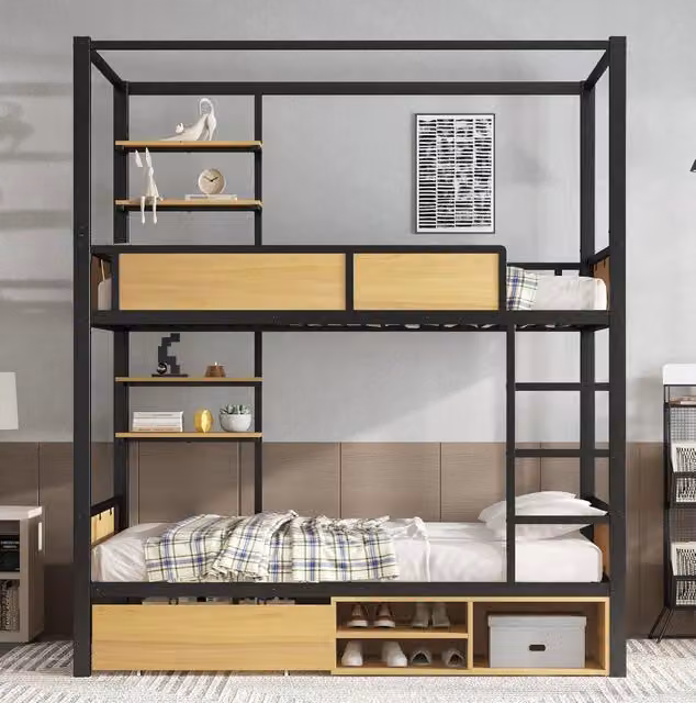 Letto a castello ULEVR 90x200 cm in metallo e MDF con scala, sponde, cassetti e vani contenitore, nero e naturale