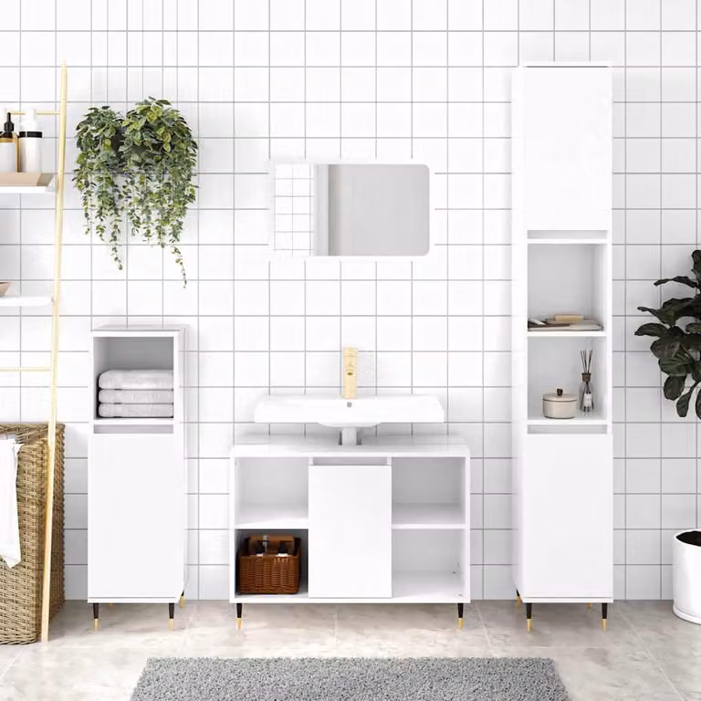 Armadietto da bagno vidaXL bianco lucido con ante a battente e ripiani interni in legno e metallo L: 80 cm, P: 33 cm, H: 60 cm