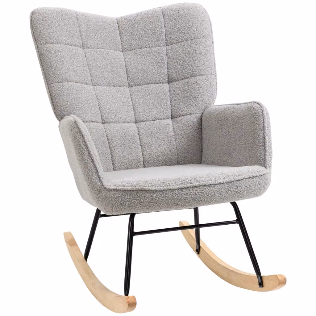 Poltrona a dondolo OKWISH con schienale trapuntato e imbottitura morbida in poliestere, colore grigio chiaro, L: 71 cm, P: 92 cm, H: 101 cm – 2