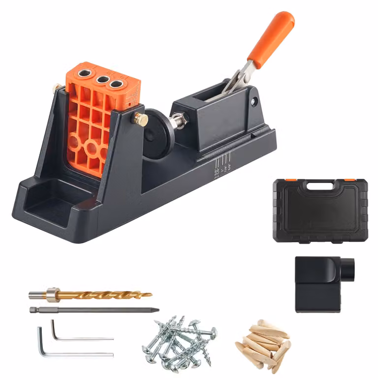 Guida per fori ciechi SucceBuy, da 12,7 a 38,1 mm, posizionatore per fori obliqui, set con adattatore per aspirazione della polvere, blocco di guida rimovibile, punta da trapano e anello di battuta, adatta per progetti di lavorazione del legno