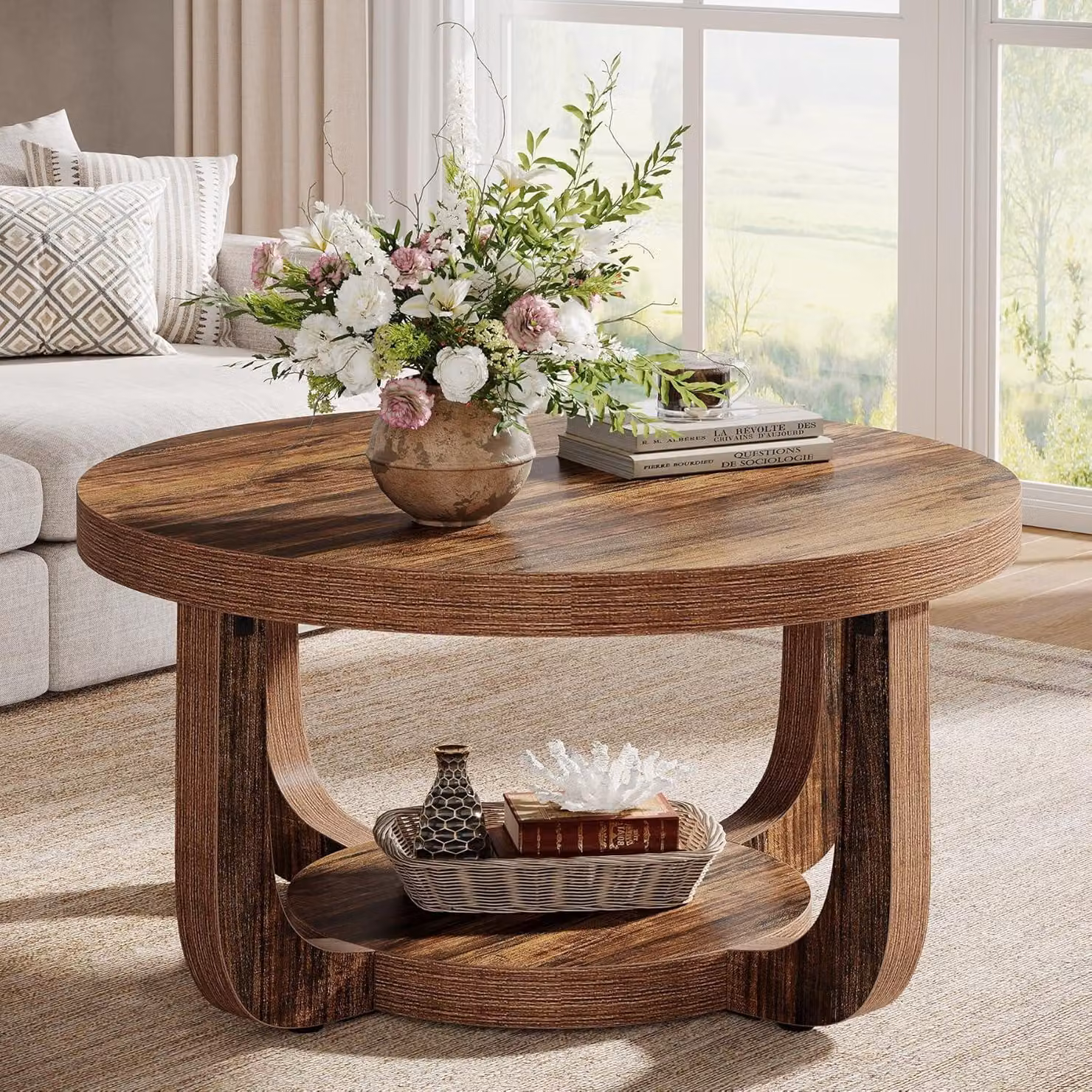 Tavolino da caffè rotondo Tribesigns, tavolino da caffè rotondo a 2 livelli con spazio di archiviazione, tavolino moderno in legno da 80 cm, piano e base spessi, marrone rustico