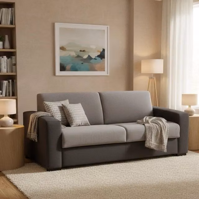 Divano Letto Akito TALAMO ITALIA, Divano a 2 posti con apertura girevole e braccioli slim, Rivestimento in tessuto Grigio e Antracite, L: 180 cm, H: 90 cm, P: 95 cm