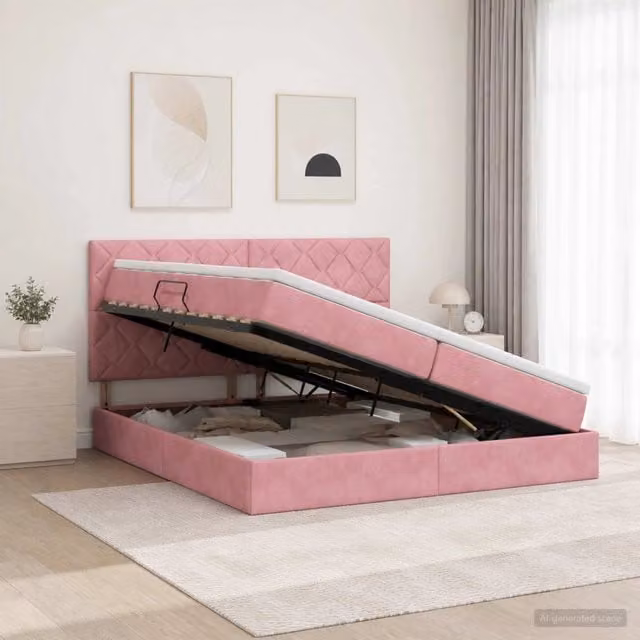 Letto con contenitore vidaXL in velluto rosa con base lift up e illuminazione sottostante L: 200 cm, P: 200 cm, H: 140 cm – 1