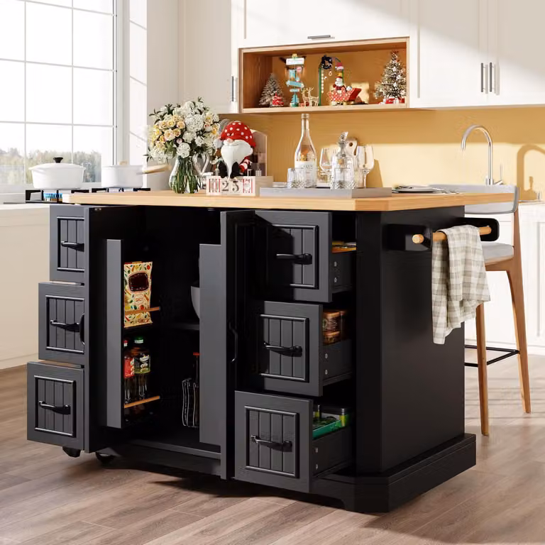 Isola da cucina mobile con 2 ante e 6 cassetti, colore nero, dimensioni 142x75,5x91 cm