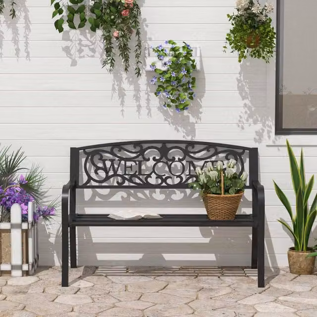 Panchina da giardino a 2 posti WISHDOR in metallo nero opaco con schienale decorativo WELCOME