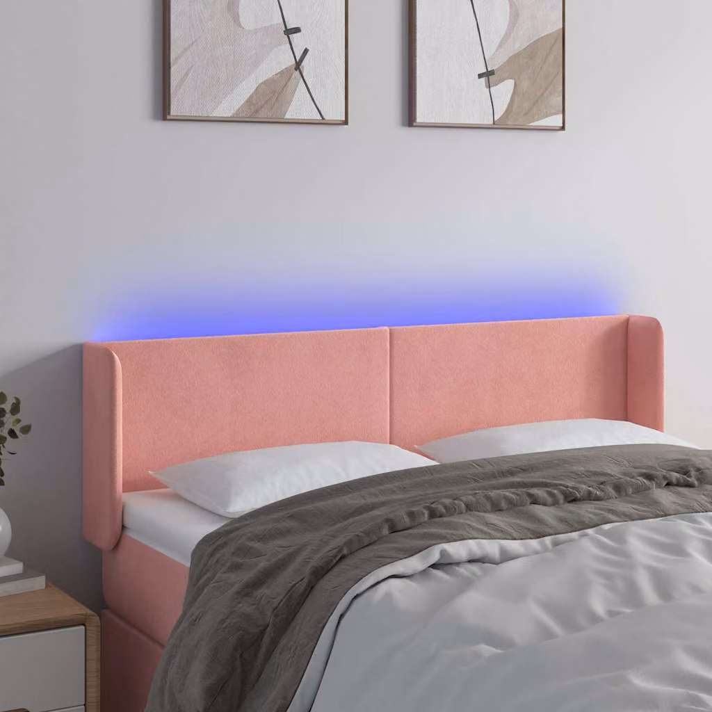 Testiera per letto vidaXL in velluto rosa con illuminazione LED integrata e porta di ricarica USB, L: 147 cm, P: 16 cm, H: 78-88 cm