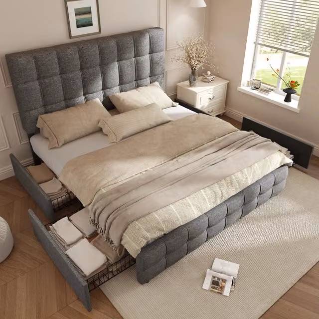 Letto imbottito matrimoniale con 4 cassetti, doghe, contenitore, testiera regolabile, supporto in metallo, lino (140x200 cm, Grigio)