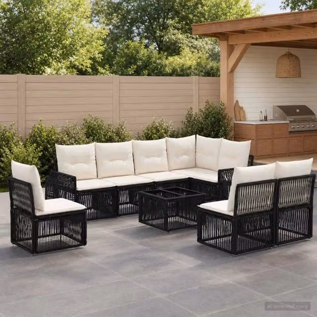 Set Divano da Giardino 9 pz vidaXL in Polyrattan Nero e Bianco Crema – 1