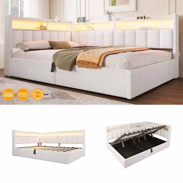 Letto contenitore 140x200 in velluto color crema con LED RGB; USB e testiera reversibile