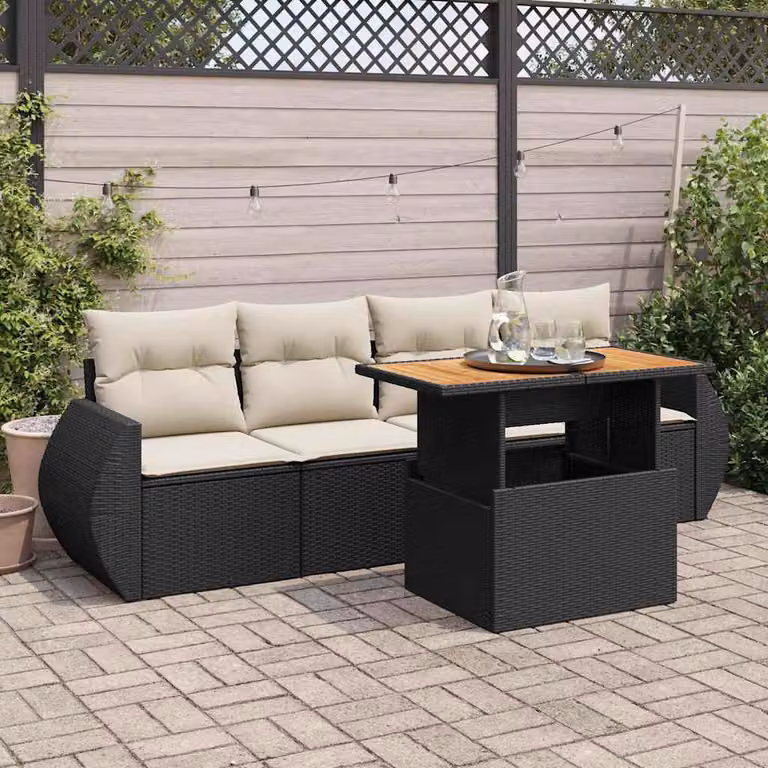 Set da giardino vidaXL in polyrattan nero con cuscini e tavolino da esterno a forma di L