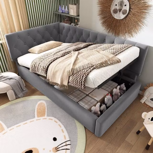 Divano letto singolo Vovees Living con contenitore e chaise longue asimmetrica in velluto grigio, L/P/H: 206 x 150 x 77 cm
