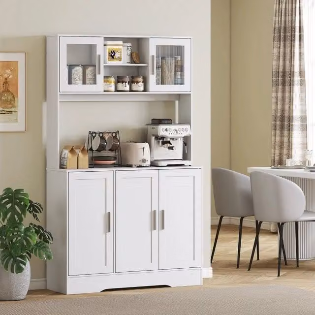 credenza da cucina 108x35x180 cm bianca – ripiani modulari e porte in vetro