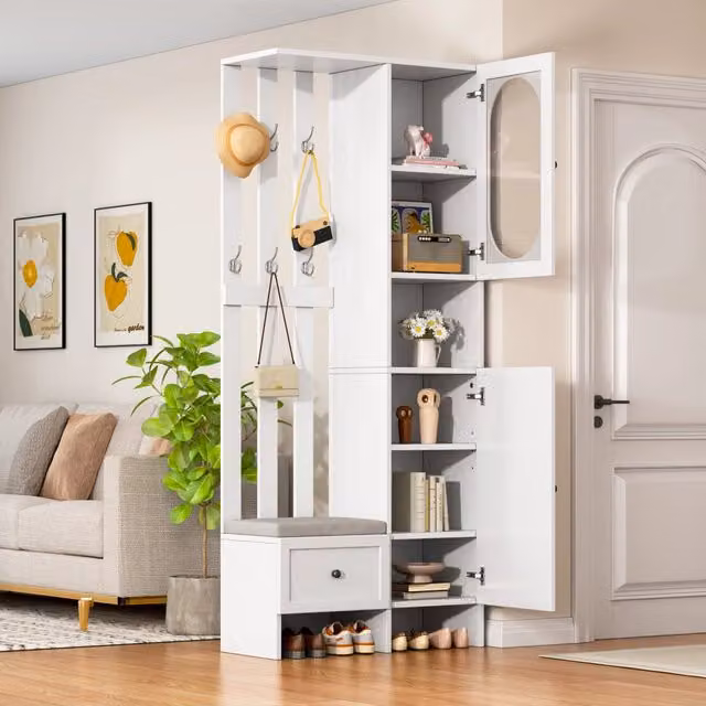 Mobile Ingresso con Scarpiera e Panca Guardaroba Compatto Bianco 85x33.5x200 cm
