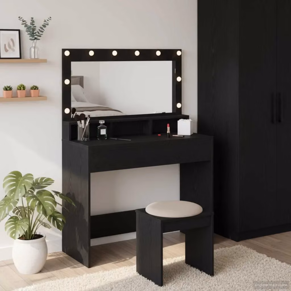 Toeletta con scaffale e specchio LED Design In, colore nero, L: 100 cm, P: 41 cm, H: 135 cm – 2
