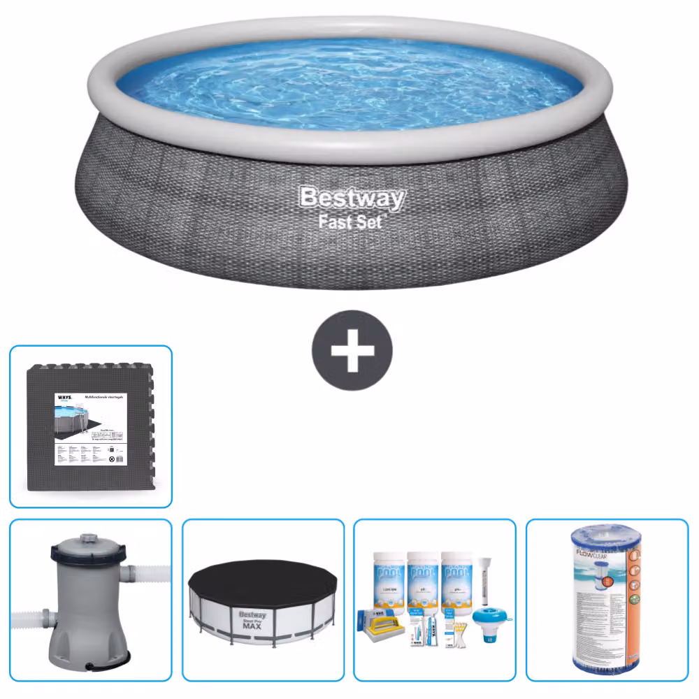 Bestway piscina gonfiabile rotonda ad ambientazione rapida - stampa rattan - 457 x 84 cm - inclusa copertura della pompa - pacchetto manutenzione - filtro - piastrelle per il pavimento