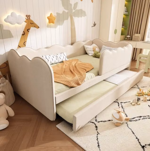 Letto singolo imbottito 90x190 cm con letto estraibile, struttura in lino beige senza materasso