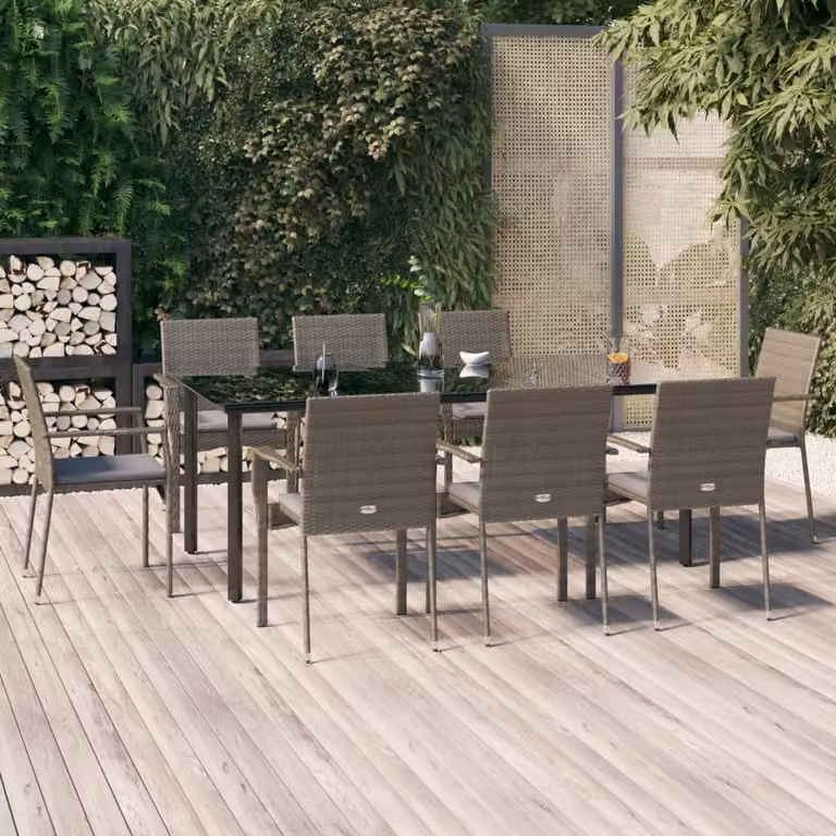 vidaXL Set da Pranzo da Giardino Moderno in Polyrattan con Tavolo in Vetro e 9 Cuscini, Nero e Grigio