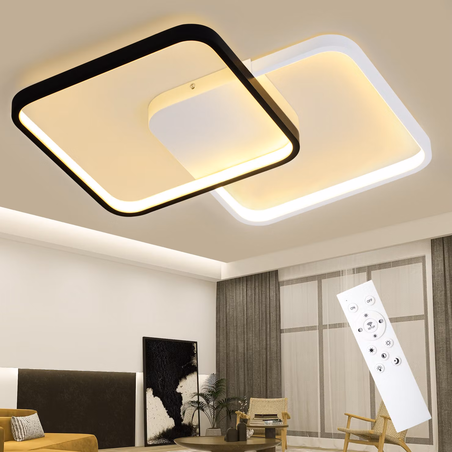 ZMH LED plafoniera soffitto soggiorno 55W moderno dimmerabile con telecomando camera da letto lampada 43CM bianco e nero quadrato cucina lampada
