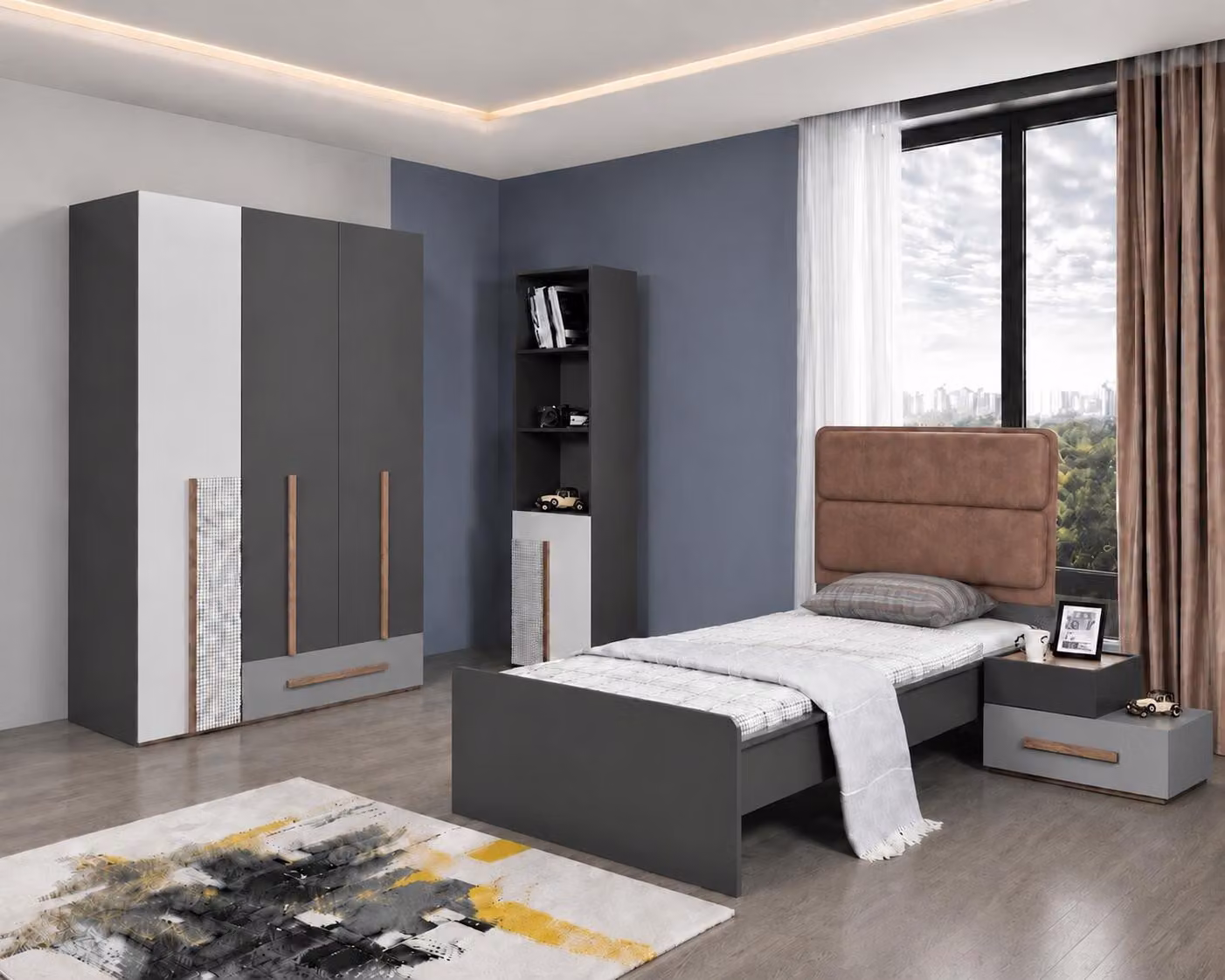 Letto singolo per bambini, grigio e marrone, in legno, con testiera imbottita, design moderno