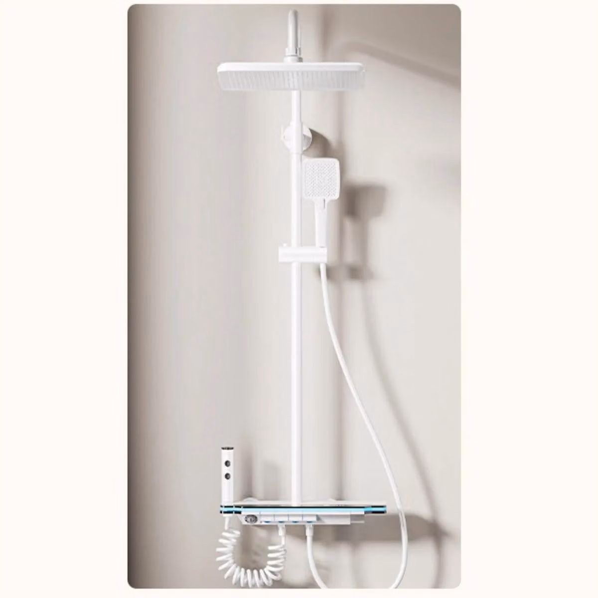 Set rubinetteria doccia, display digitale per la temperatura, regolabile in altezza, caldo freddo bianco