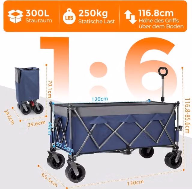 Carrello pieghevole 120x57;5x44 cm blu grigio in acciaio; carico 250 kg