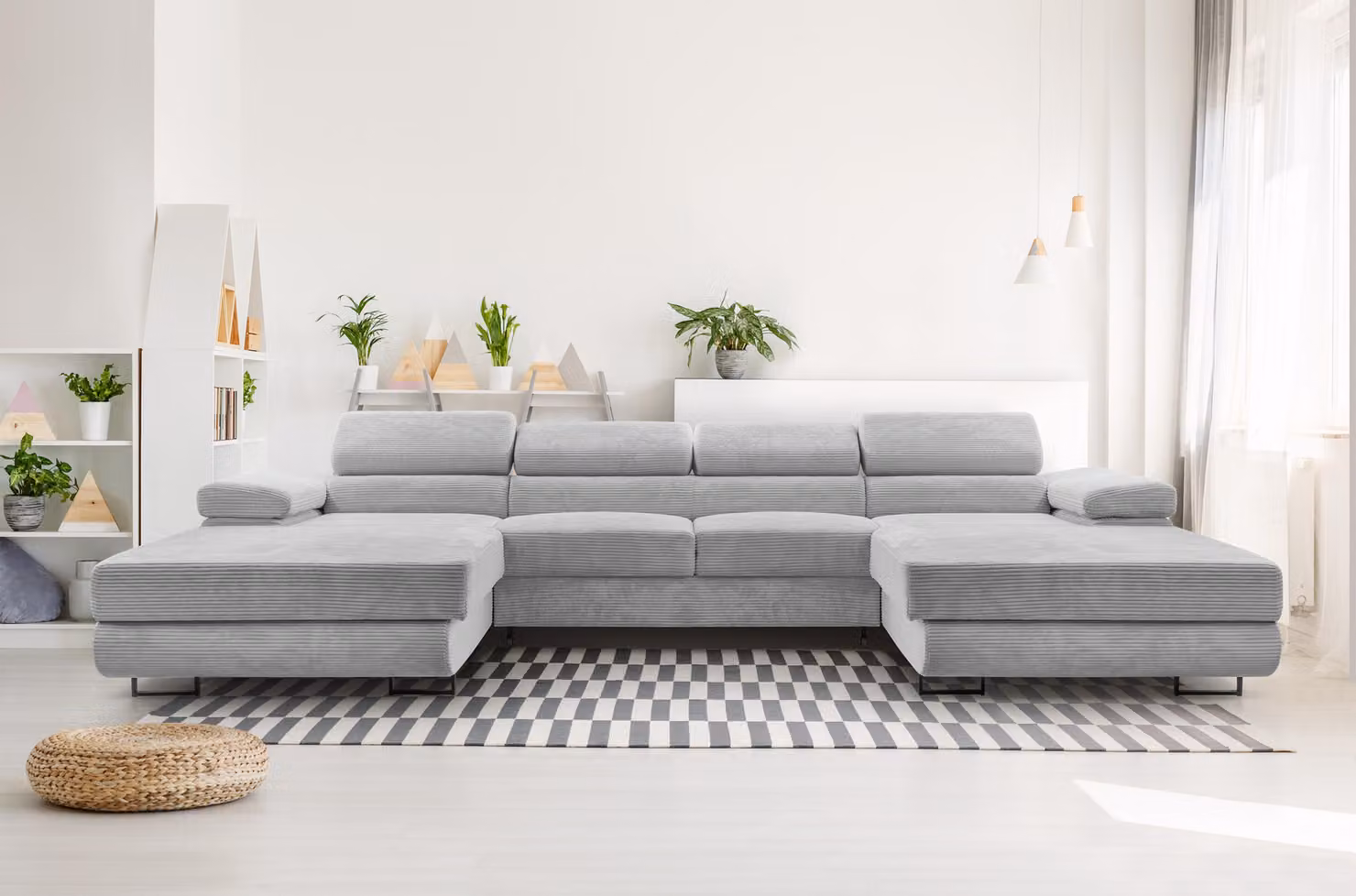 AX LIVING Divano a U grigio chiaro con funzione letto - Arborio U 352 cm