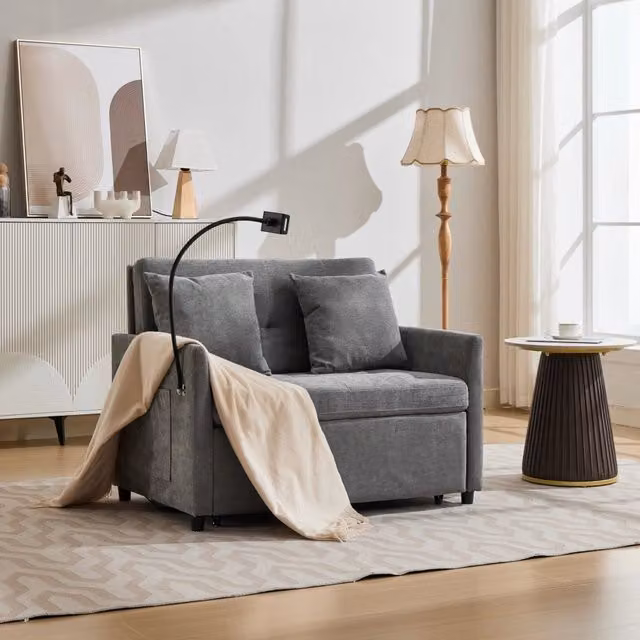 Poltrona relax imbottita Mivray grigia con porta USB e supporto per tablet, modello tub, L/P/H: 83,5 x 109 x 72 cm