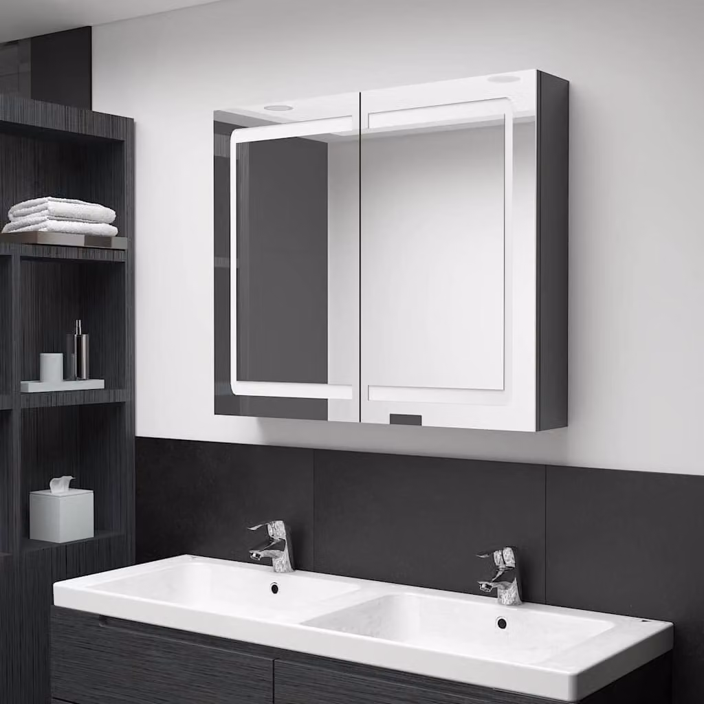 Armadietto da bagno con specchio e illuminazione LED vidaXL, Grigio lucido, L: 80 cm, P: 12 cm, H: 68 cm – 1