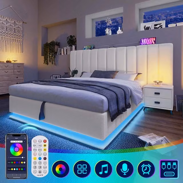 Letto imbottito con cassone - Xylo - 180??200 cm - Bianco - Controllo App LED e USB-C