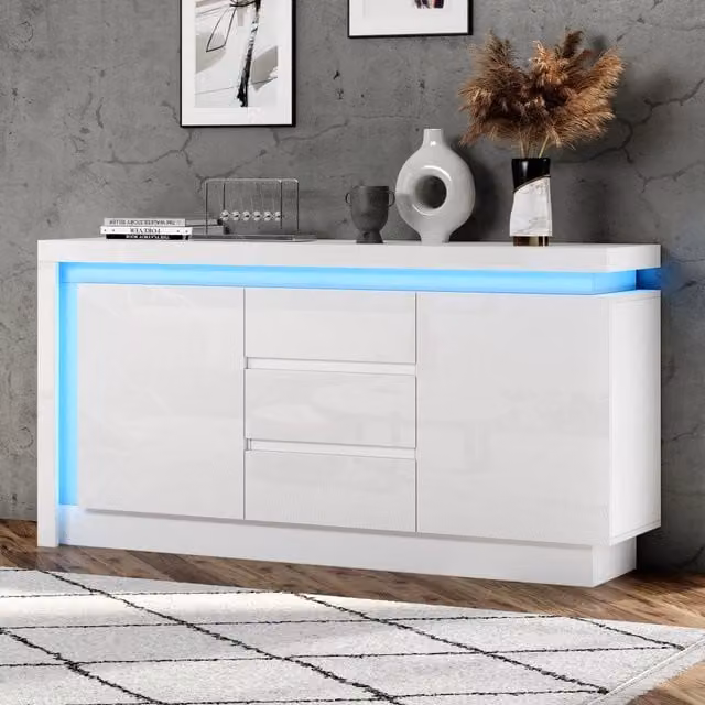 Madia moderna Mivray per soggiorno con 2 ante, 3 cassetti, ripiani regolabili e illuminazione LED, bianca lucida, L: 140 cm, P: 35 cm, H: 72 cm – 1