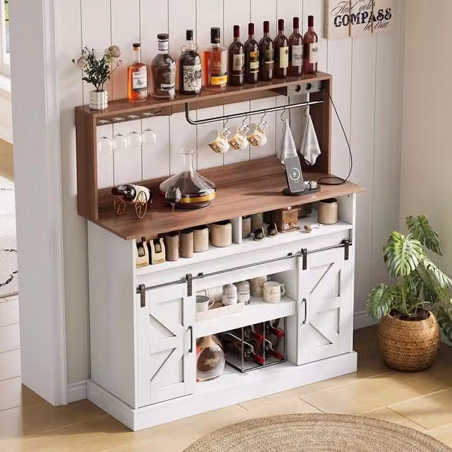 Bar ¨¤ caf¨¦ rustico con porta-bicchieri e prese elettriche - Xylo - 120 cm