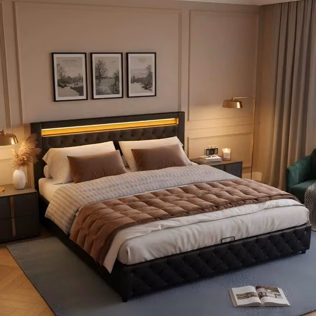 Letto imbottito 140x190 cm in PU con testiera alta, contenitore con rete sollevabile, luce LED regolabile - Nero