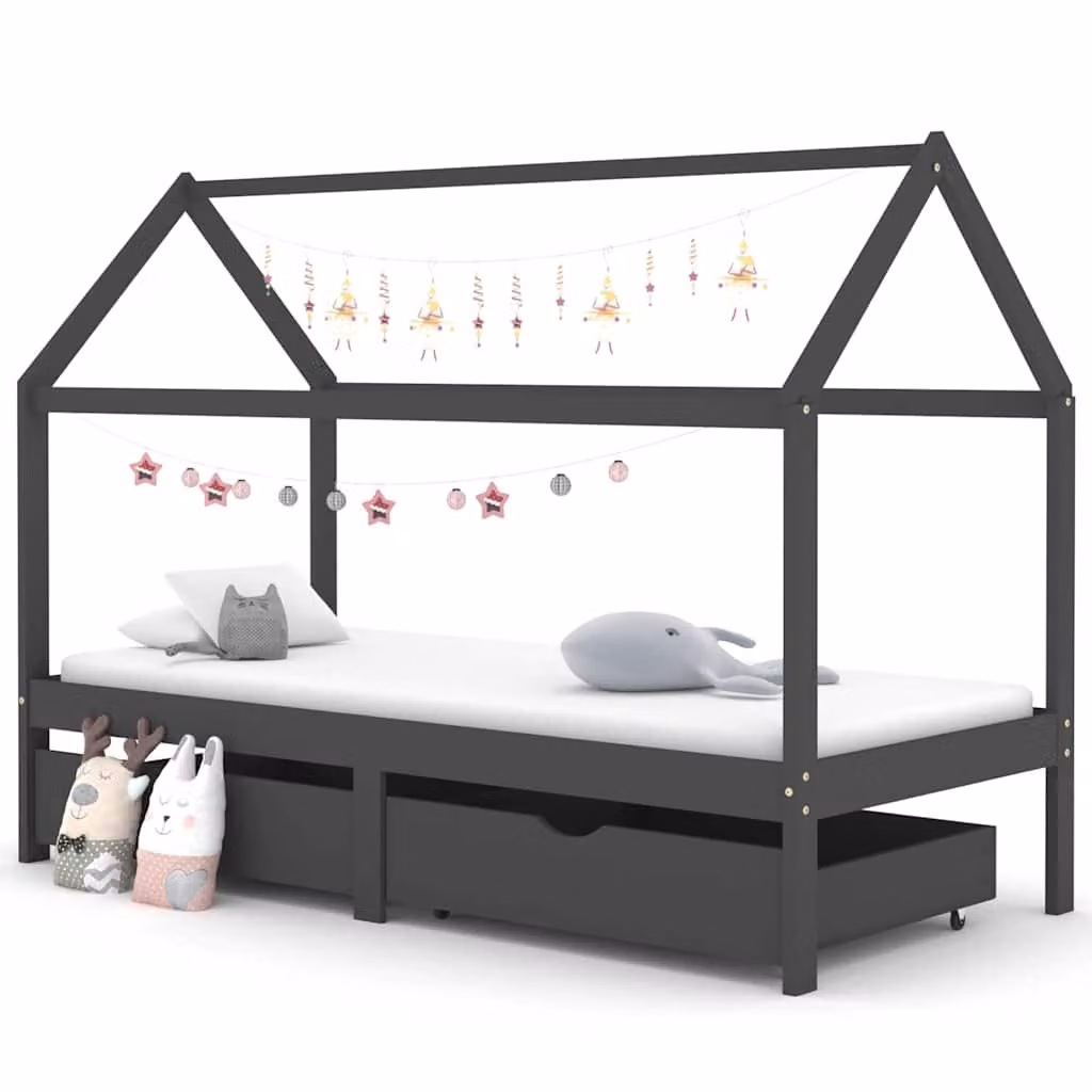 vidaXL Giroletto per Bambini con Cassetti in Pino Massello Grigio 90x200 cm